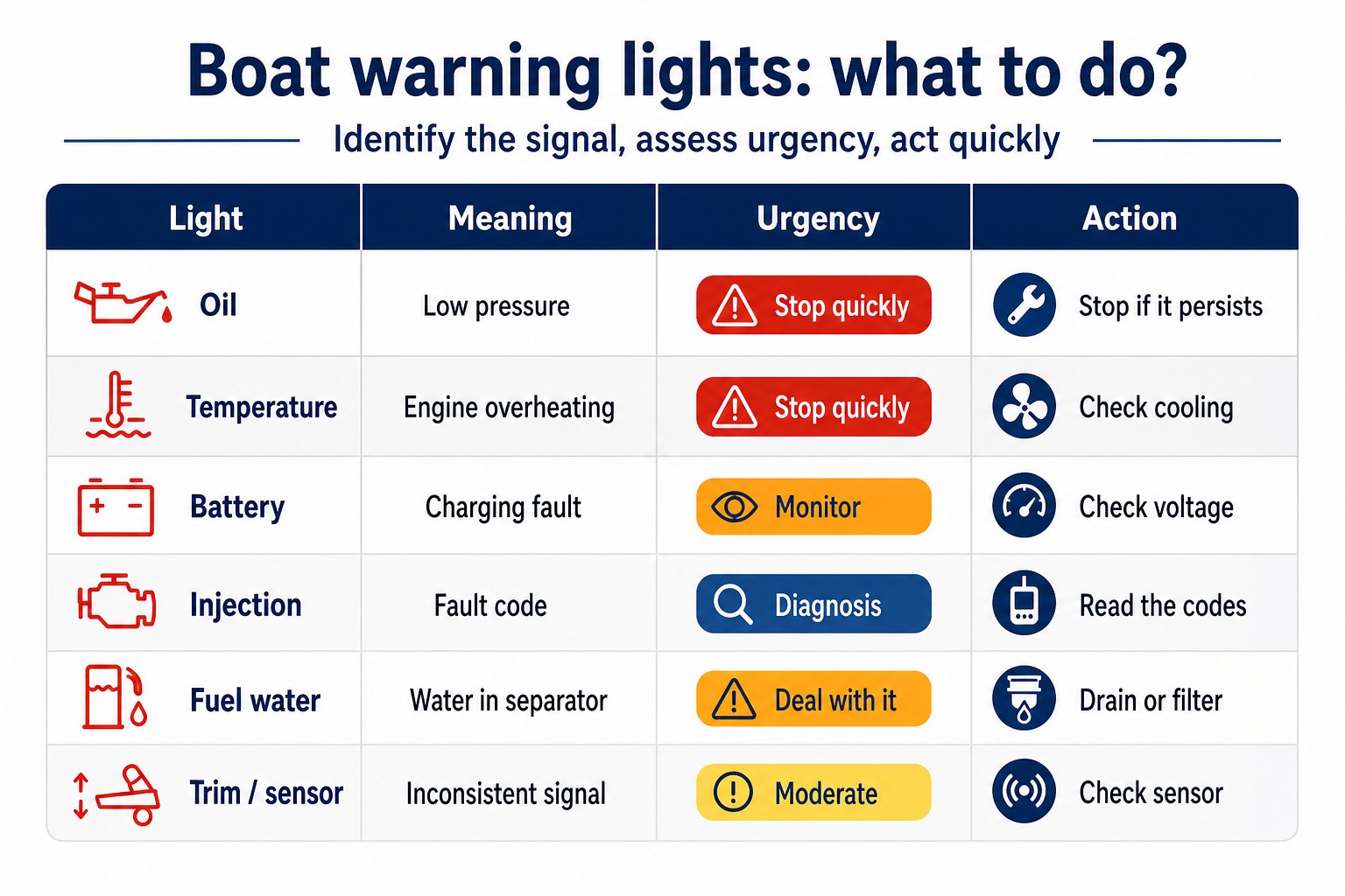 Infographic showing the main boat warning lights, their meaning, urgency and first action.